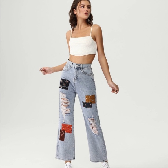 Cider Denim - Cider Women's Distressed 5 Pocket Style Patchwork Straight Leg Jeans Size M